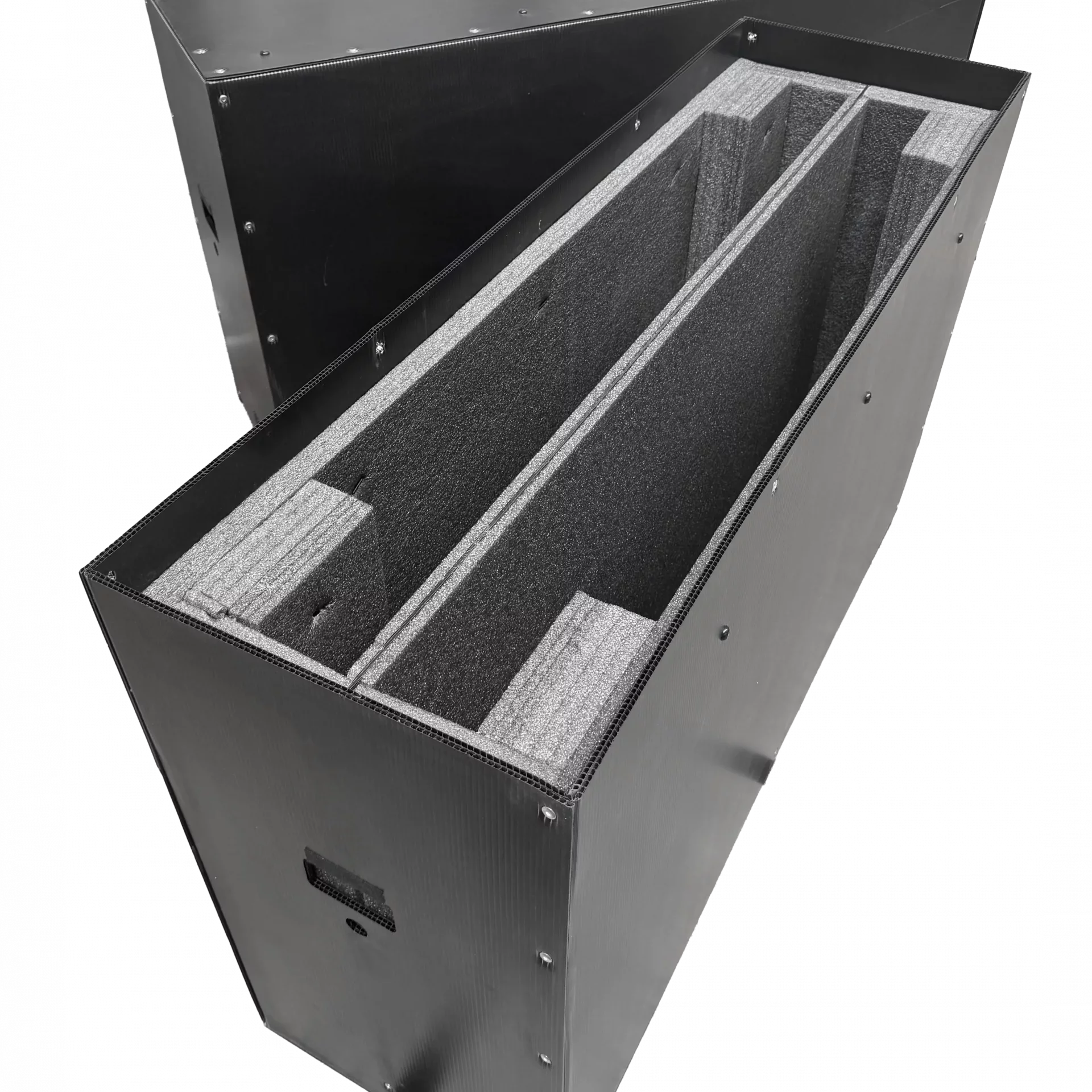 Reusable box for dual monitor transportation - showing customised foam insert