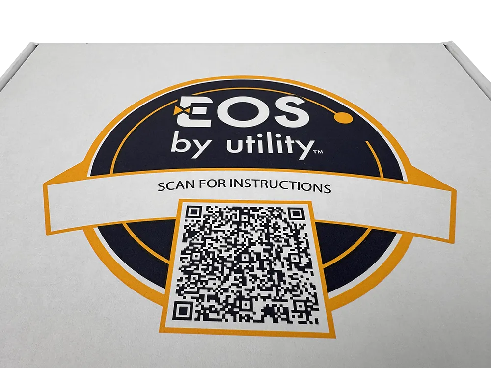 EOS by utility - close up of the logo on the front of the box