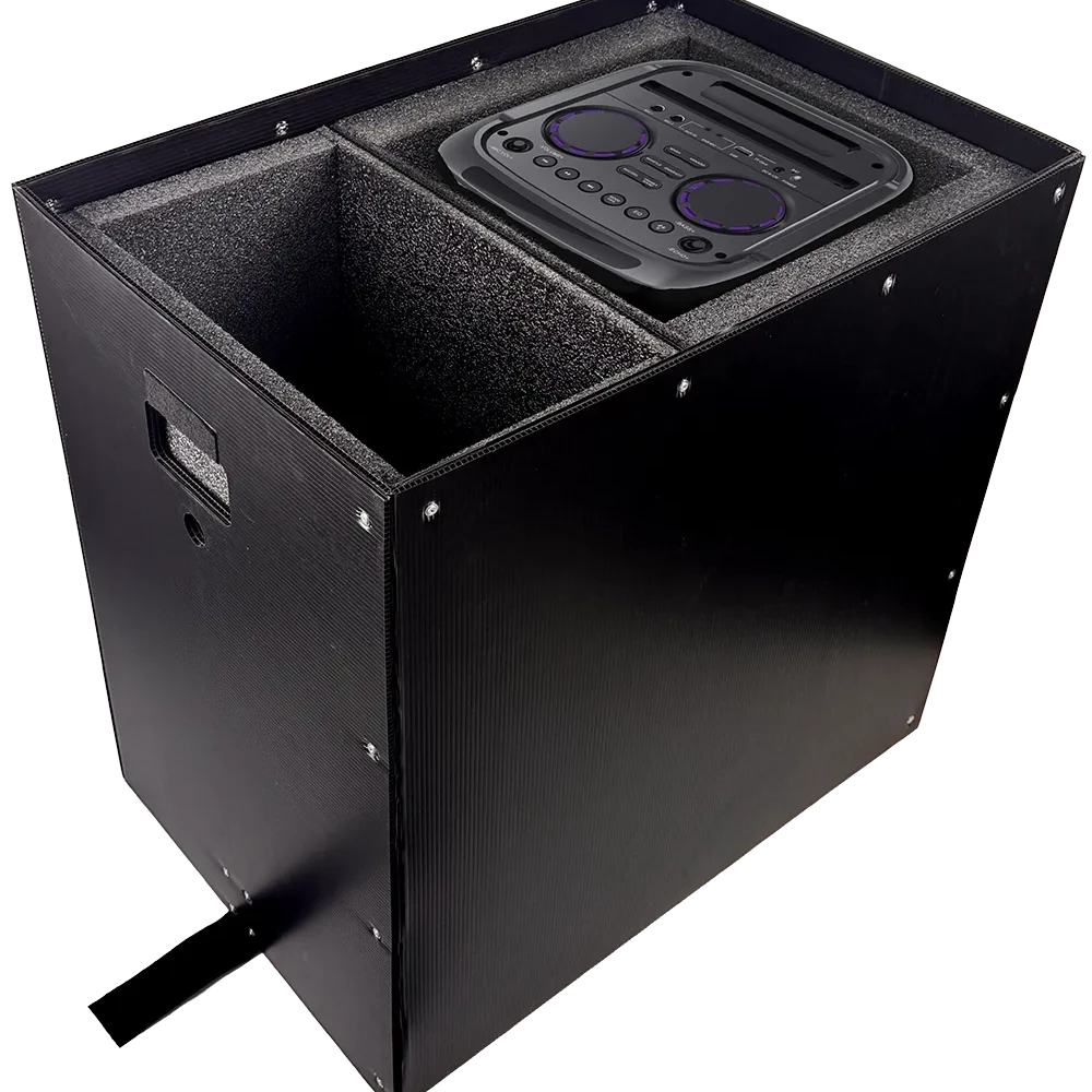 Reusable transport box with precision foam inserts designed to safely store and transport AV control equipment during events and productions.