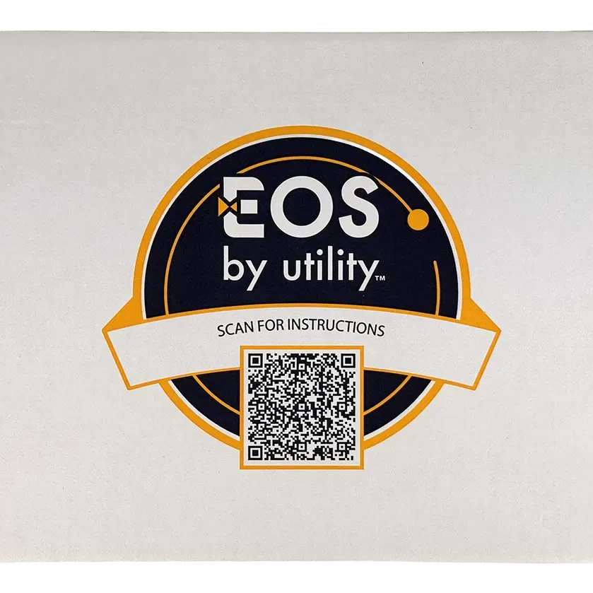 Custom branded packaging featuring QR instructions, designed to safely store and transport equipment for EOS by Utility.